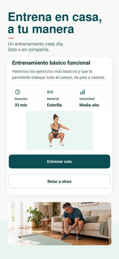Entrenamiento básico funcional con opciones para entrenar solo o retar a otros; una persona se prepara para entrenar en casa.