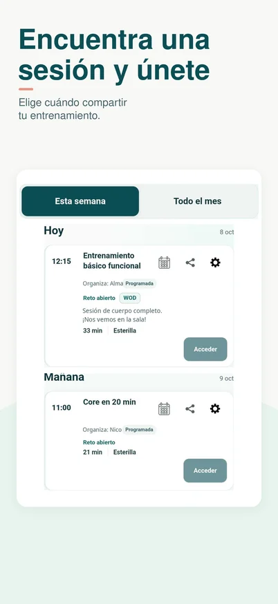 Calendario de sesiones de hoy y mañana con horarios, duración, material y acceso a cada entrenamiento.
