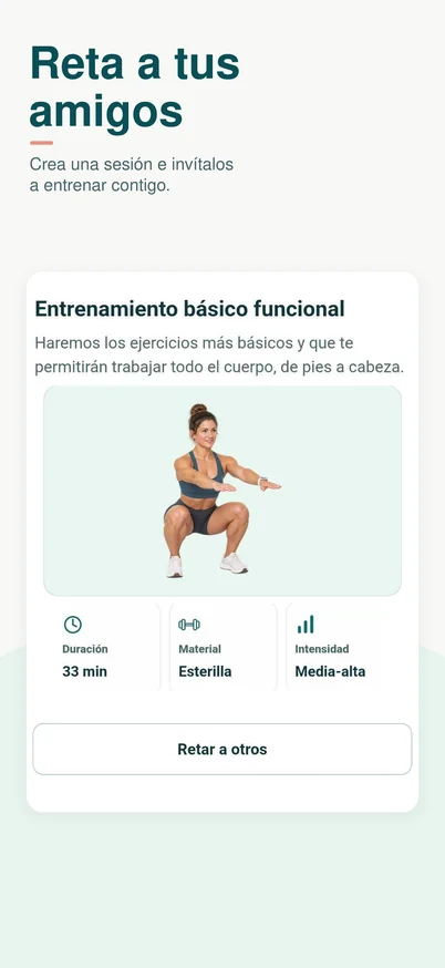 Detalle de un entrenamiento con ejercicio ilustrado, duración, material, intensidad y botón para retar a otros.