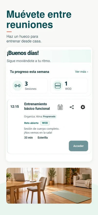 Inicio con progreso semanal y próxima sesión, junto a un escritorio y una esterilla en casa.