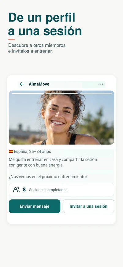 Perfil de una persona de la comunidad con presentación, actividad y opciones de mensaje e invitación a una sesión.