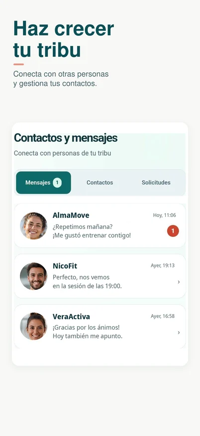 Pantalla de contactos y mensajes con pestañas de conversaciones, contactos y solicitudes.