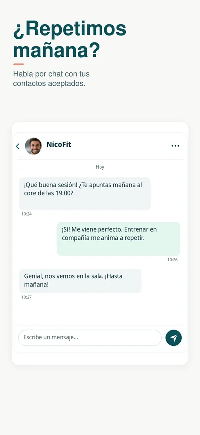 Conversación de texto entre contactos que se animan a compartir otro entrenamiento.