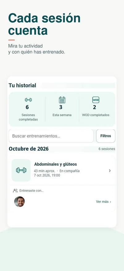 Historial con sesiones completadas, resumen semanal, WOD y personas con las que se ha entrenado.