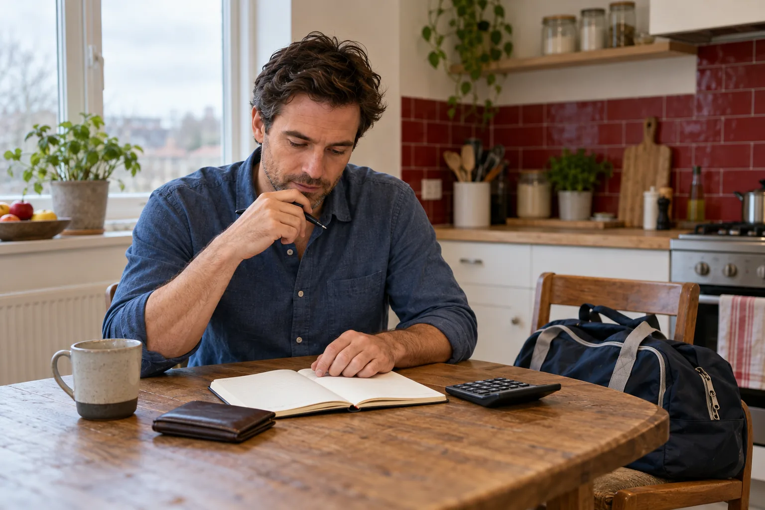 Un hombre revisa un cuaderno junto a una calculadora y una bolsa de deporte.
