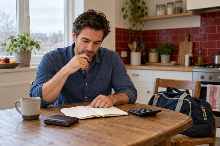 Un hombre revisa un cuaderno junto a una calculadora y una bolsa de deporte.