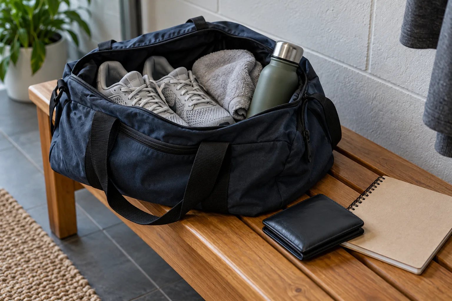 Una bolsa de deporte con zapatillas, toalla y agua junto a una cartera y un cuaderno.