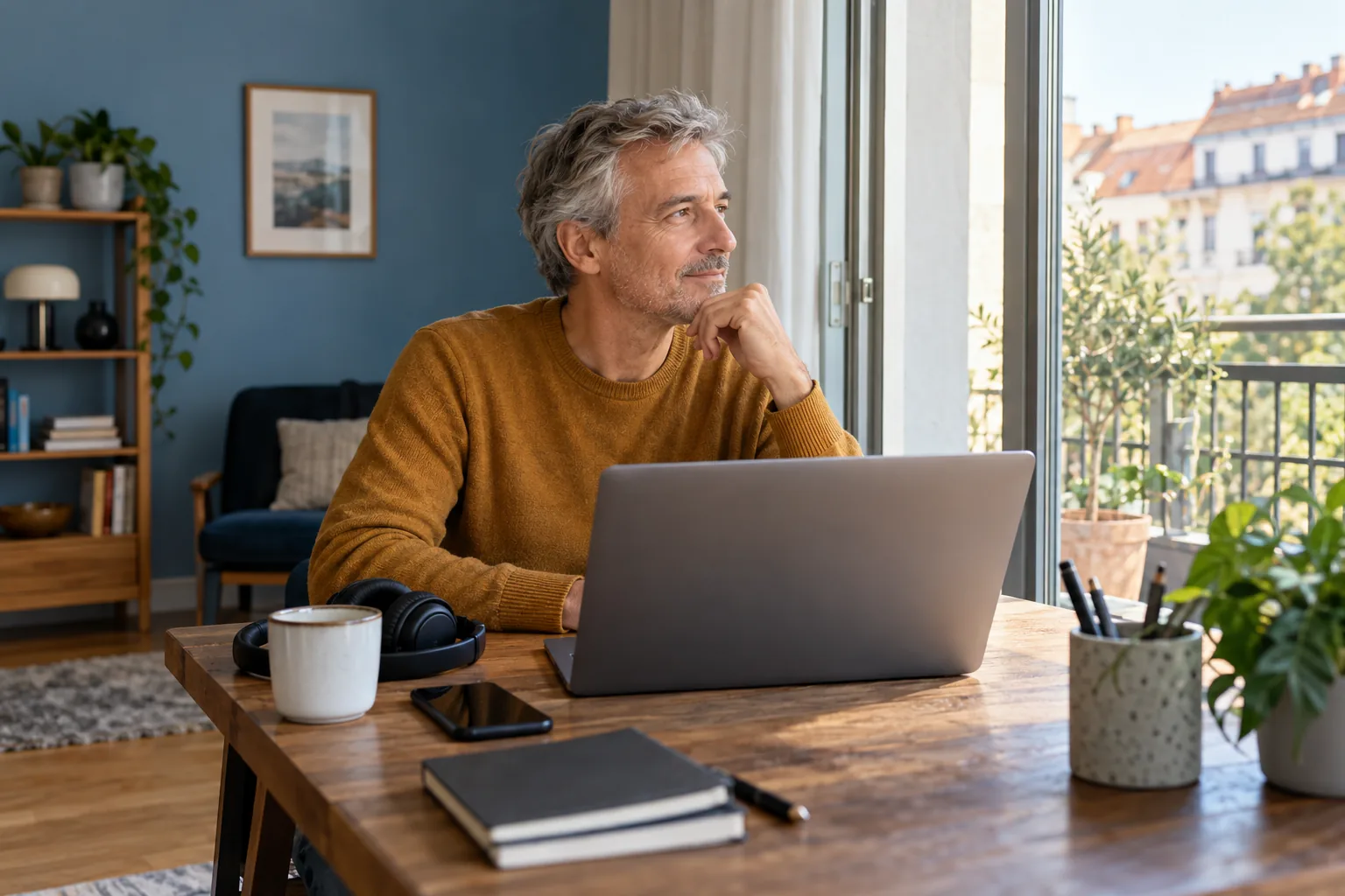 Un hombre hace una pausa junto a su escritorio de casa, con auriculares y un portátil.