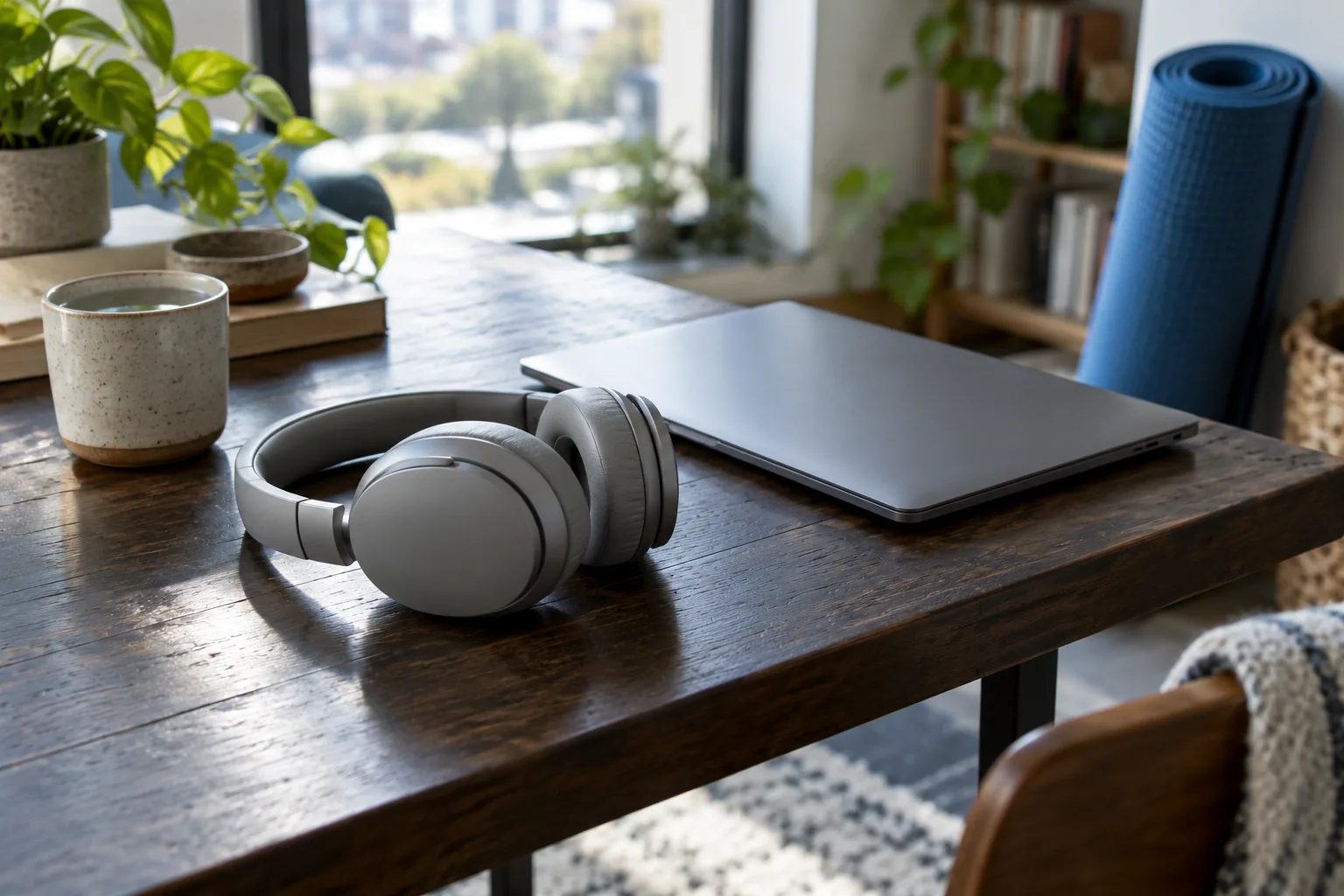 Auriculares y un portátil cerrado junto a una esterilla enrollada.