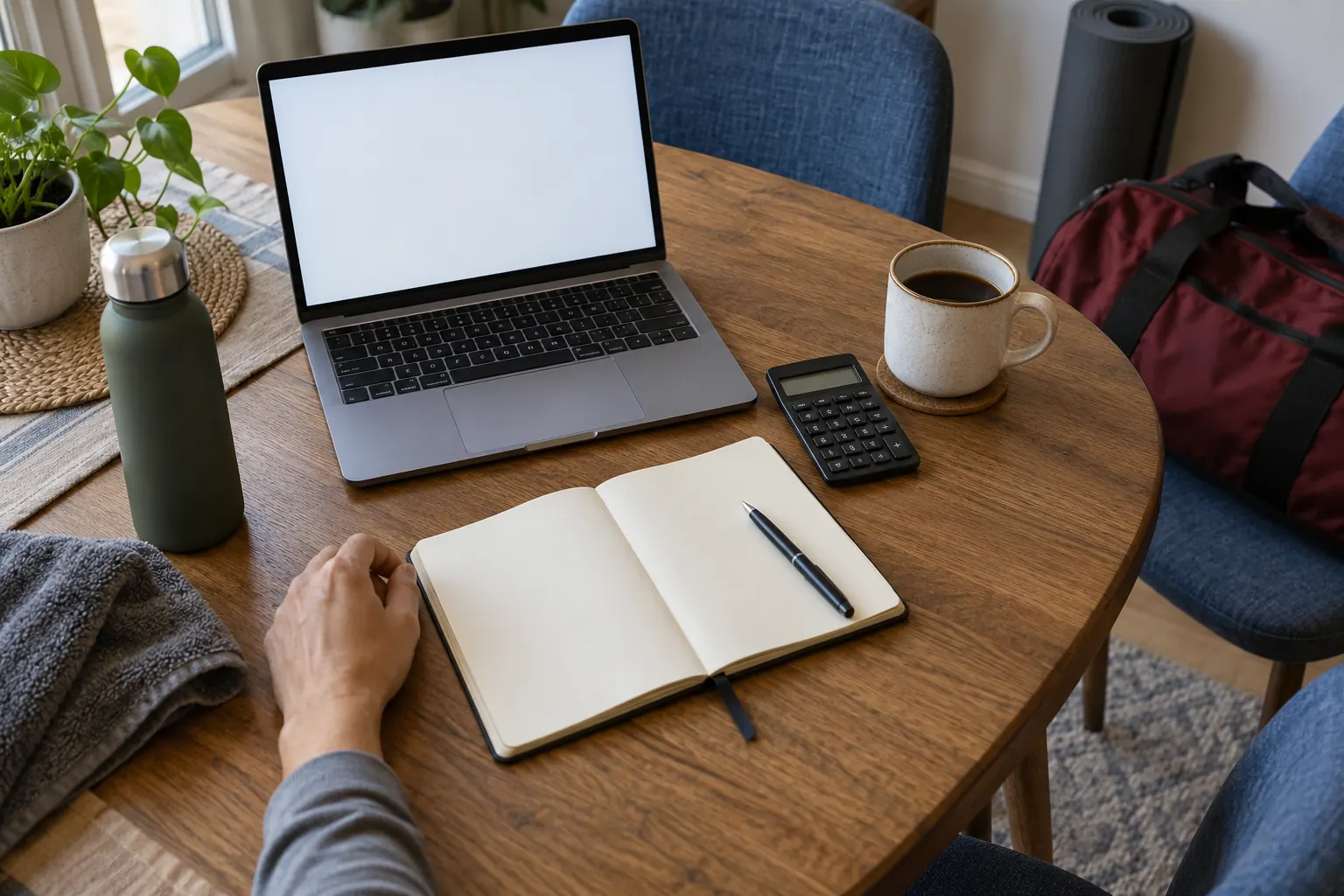 Un portátil, un cuaderno y una calculadora sobre una mesa junto a una silla con una bolsa deportiva.