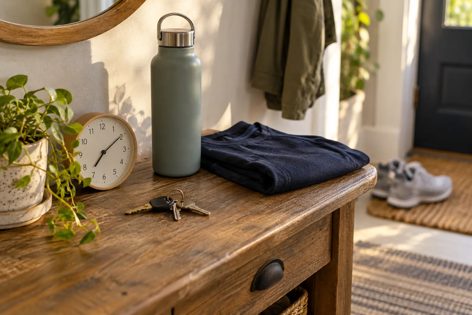 Llaves, agua y ropa preparada sobre un mueble junto a la puerta.