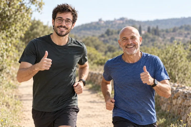 Daniel y su antiguo jefe con ropa deportiva en un camino al aire libre.