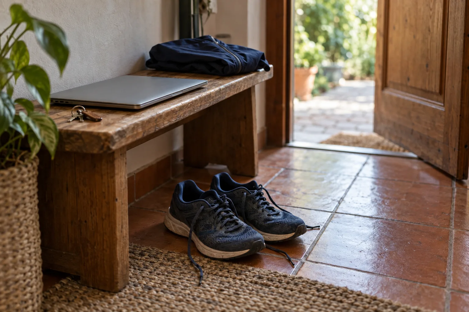 Un portátil cerrado y unas zapatillas junto a la puerta, preparados para cambiar el trabajo por un rato de movimiento.