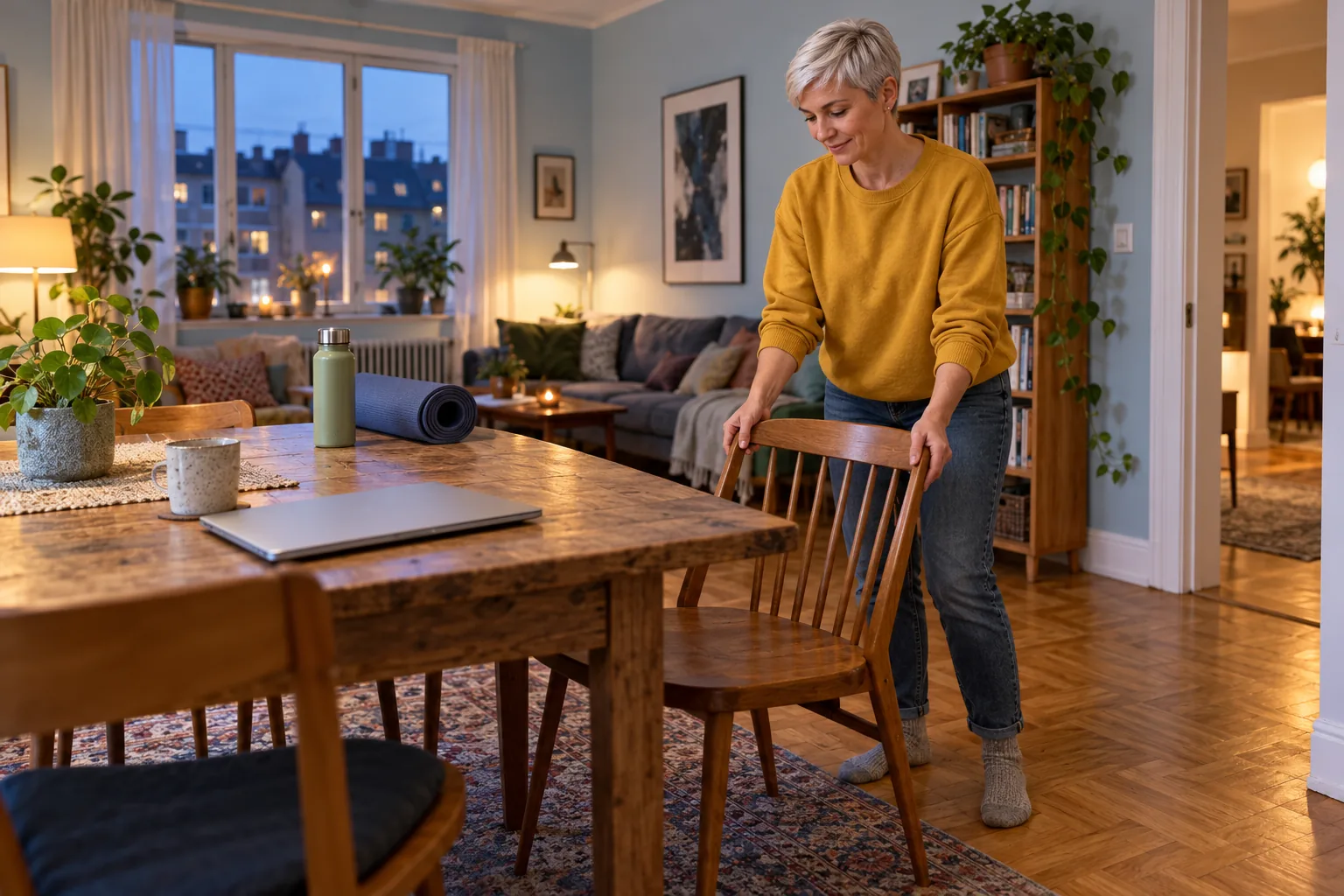 Una mujer prepara espacio junto a la mesa antes de conectarse desde casa.