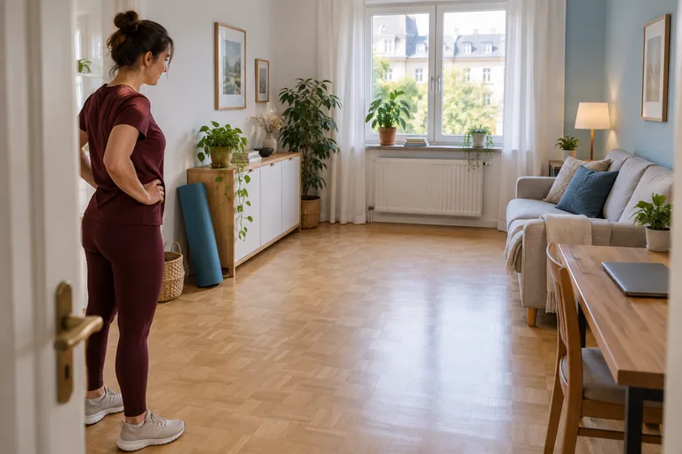 Una mujer observa la zona despejada de un salón pequeño antes de preparar una sesión.