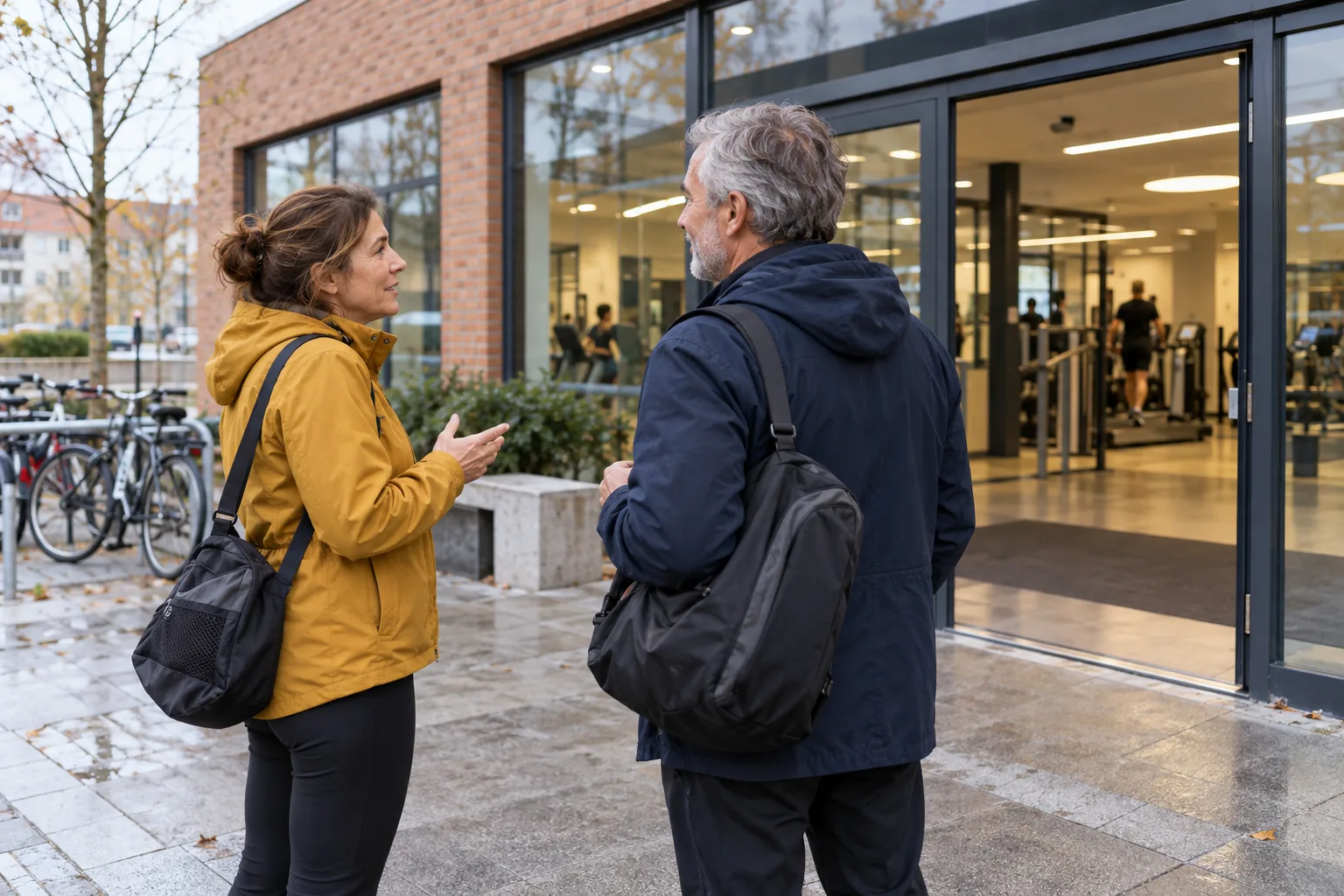 Dos personas conversan ante la entrada de un centro deportivo de barrio sin rótulos identificables.