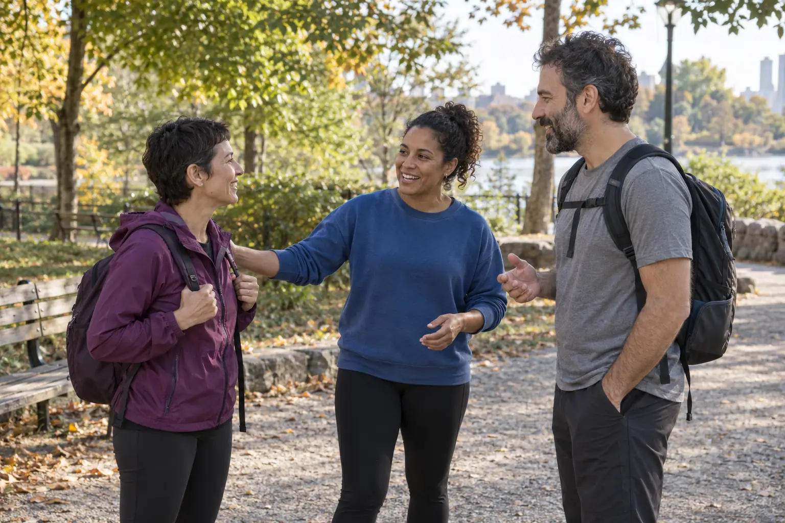Tres personas adultas conversan al encontrarse en un parque.