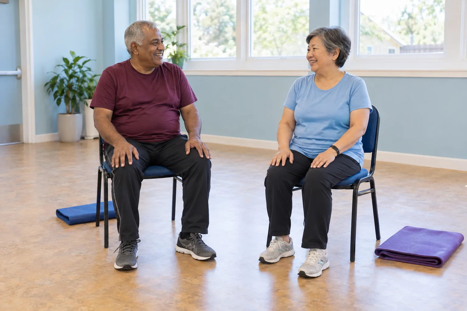 Dos personas sentadas en sillas conversan junto a unas esterillas en una sala comunitaria luminosa.