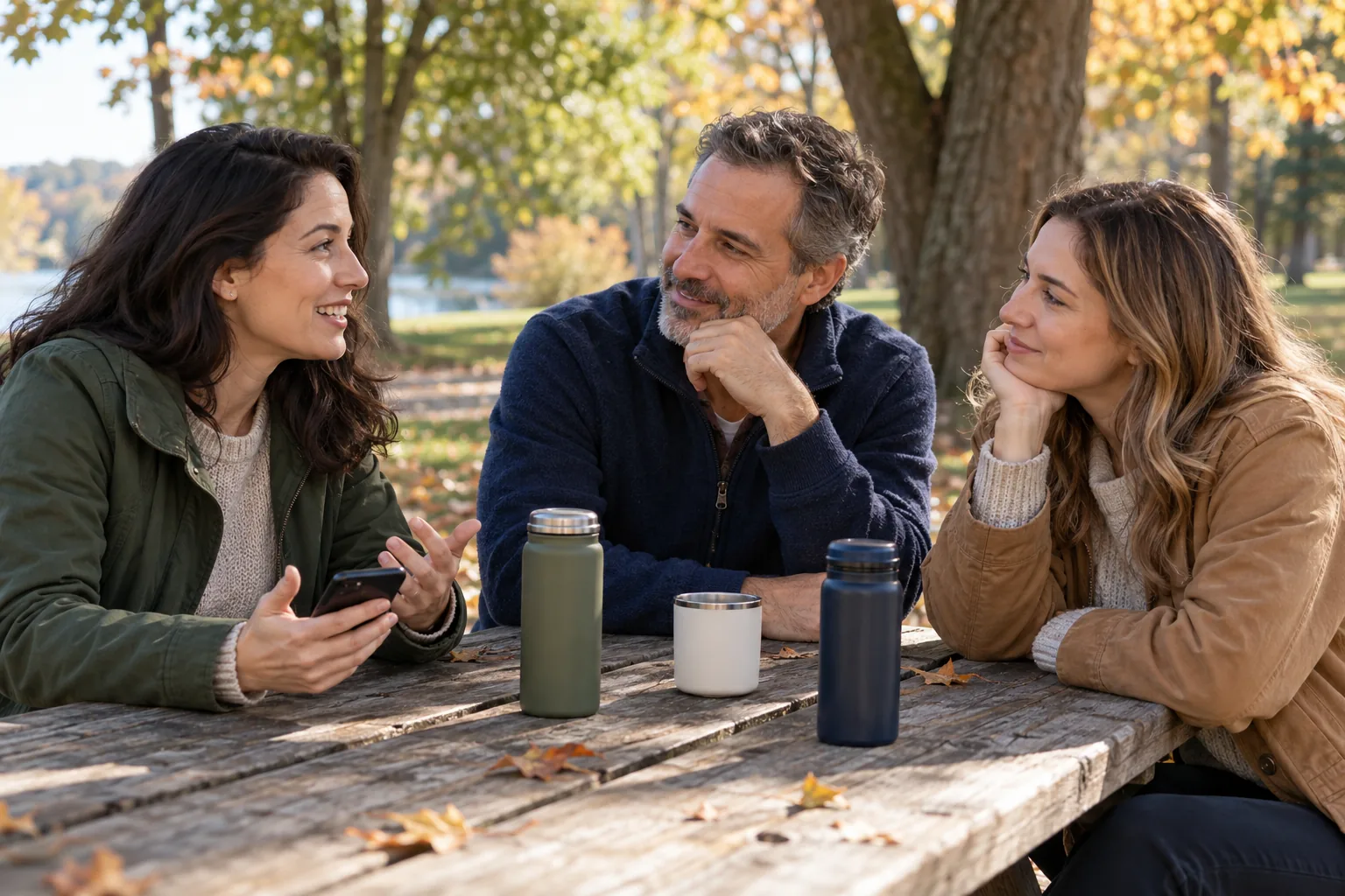 Tres personas conversan alrededor de una mesa de parque mientras una sostiene un teléfono.