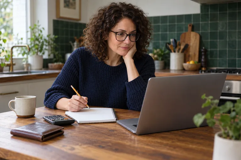 Una mujer compara opciones con un cuaderno, una calculadora y un portátil en una mesa.
