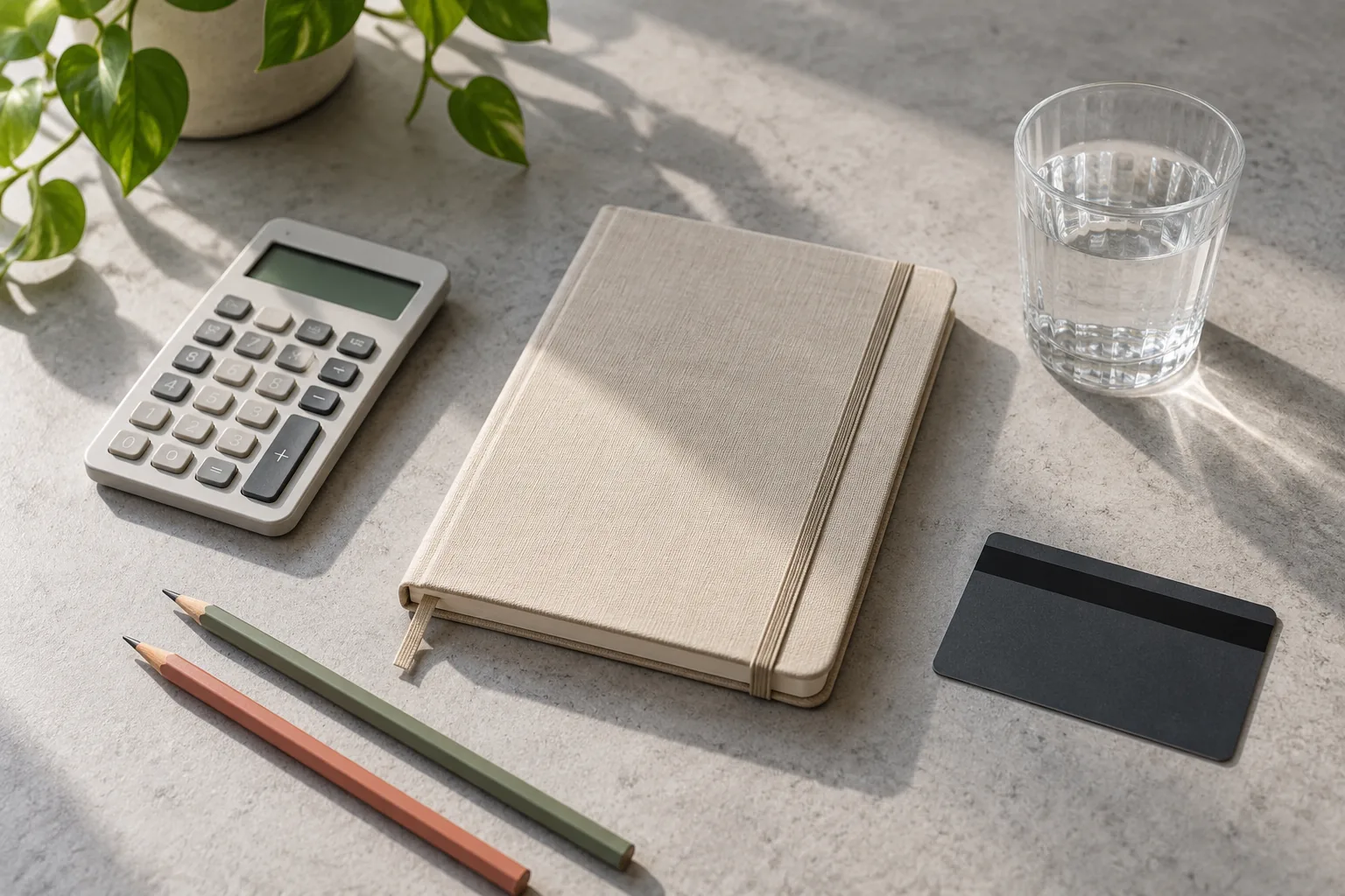 Una calculadora, un cuaderno cerrado y una tarjeta boca abajo sobre un escritorio.