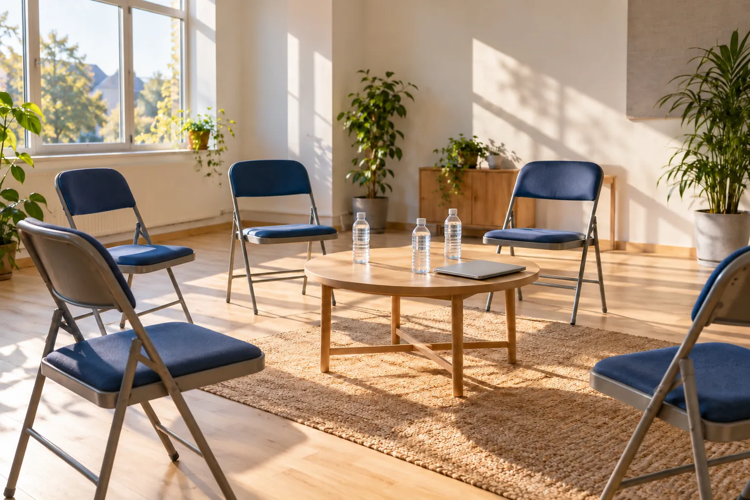 Sillas en semicírculo y una mesa con agua y un portátil en una sala despejada.