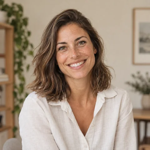 Laura, cofundadora de Tribu Mueve, sonríe en un espacio con plantas y luz natural.